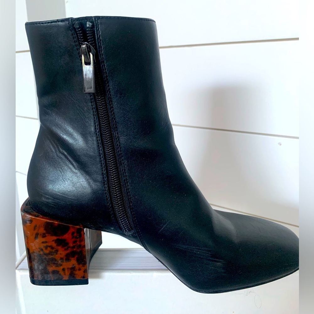 Size 5 fits 5.5 as well black Moussy Boot with tortoise shell block heel..vegan